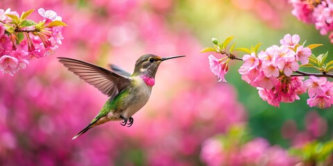 Fototapeta premium A Tiny Bird Soars Through a Sea of Delicate Pink Blossoms, Captured in a Moment of Graceful Flight