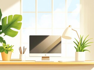 Fototapeta premium Spacious home office with dual monitors, plants, and large window view, flat design, front view, airy theme, cartoon drawing, vivid