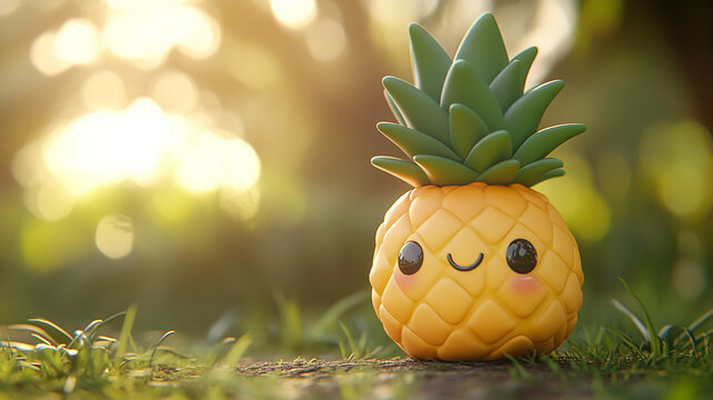 Cute and cheerful pineapple character in a sunny garden with soft focus background