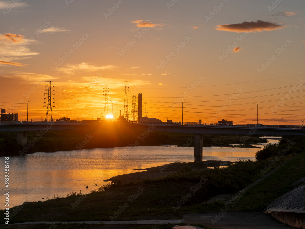 Poster 夕暮れの大和川沿いの景色