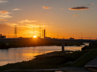 夕暮れの大和川沿いの景色