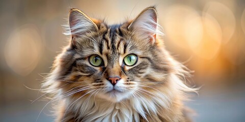 Obraz premium A portrait of a fluffy, brown tabby cat with green eyes looking directly at the camera with a soft, out-of-focus background.