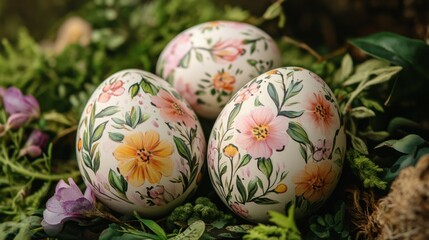 Fototapeta premium Hand-painted Easter eggs with delicate floral designs, surrounded by fresh spring foliage.