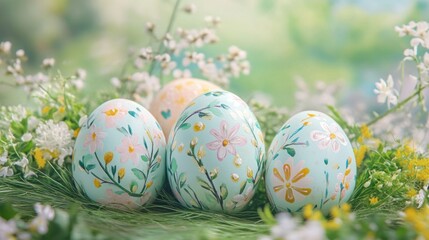 Fototapeta premium Hand-painted pastel Easter eggs on a soft, natural background of grass and flowers.