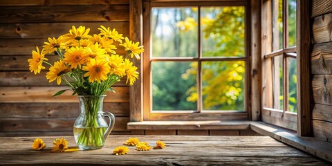 A vase of yellow flowers rests on a rustic wooden surface, illuminated by sunlight streaming through a window with a view of a leafy forest beyond.