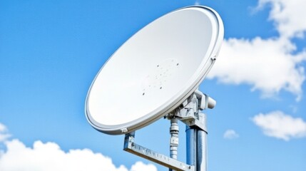 A satellite dish mounted on a pole against a blue sky with clouds.
