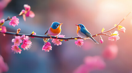 Colorful Birds Perched on Pink Blossoms in Springtime