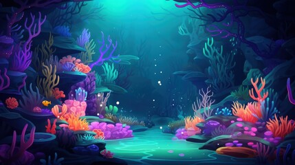Underwater Scene with Vibrant Coral Reef and a Single Yellow Fish