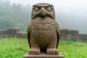 Mysterious stone owl statue in nature