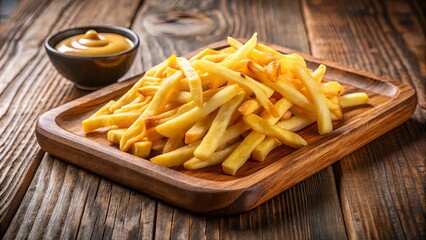 A Pile of Golden French Fries on a Wooden Platter with a Side of Dip