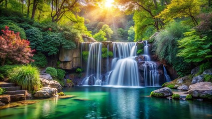 A Serene Waterfall Casually Cascades Over Mossy Rocks, Bathed in the Golden Light of a Setting Sun