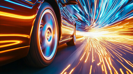 A close up shot of cars wheel spinning at high speed, creating dynamic blur of light and motion. vibrant colors and energy evoke sense of excitement and speed