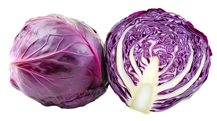 Fresh purple cabbage isolated on a white background. One whole and one half, showcasing the vibrant purple leaves and intricate white veining inside. Perfect for healthy food illustrations and vegetab