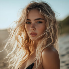 Naklejka premium portrait of a beautiful sensual blonde woman on the beach with ocean waves behind her in the sunlight with cloudy blue sky