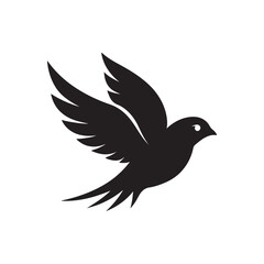 A minimalistic black silhouette of a sparrow mid-flight, its wings extended as it darts forwards