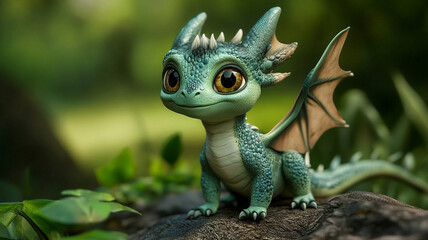 Fototapeta premium A small, friendly dragon character exploring a lush garden on a sunny afternoon