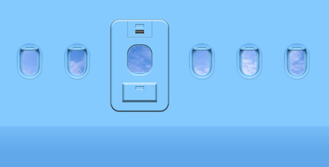 Beautiful sky with clouds, view through airplane windows in light blue sidewall of cabin