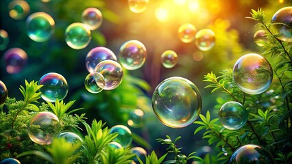 Naklejka premium A whimsical collection of iridescent soap bubbles floating amongst vibrant green foliage, bathed in the warm glow of the setting sun.