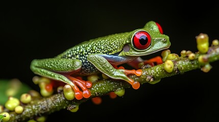 Obraz premium A Vibrant Green Tree Frog with Striking Red Eyes Perched on a Branch Against a Dark Background