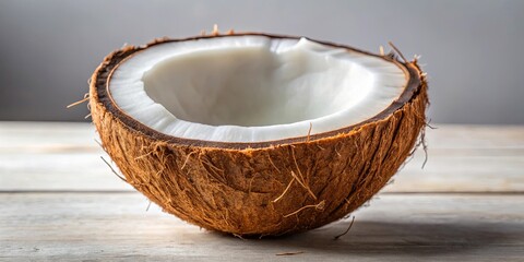 A close-up of a cracked open coconut, revealing its white flesh, sits on a light wood surface with a gray background.