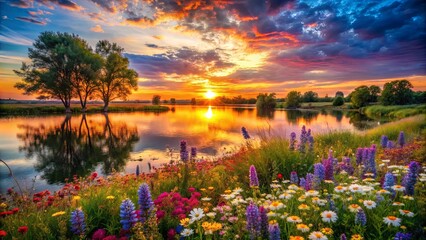 A breathtaking sunset casts golden hues across a tranquil lake, creating a vibrant reflection amidst a lush meadow blooming with wildflowers.