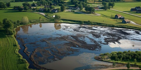 Reservoir breach floods farmland homes spreading polluted water, contaminating land sources. AI generated