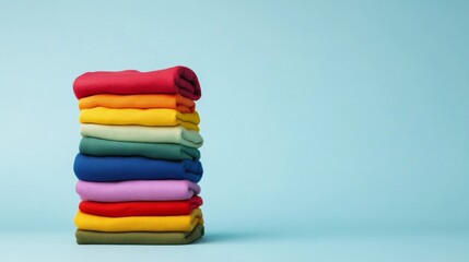 A pile of colorful clothes against a light blue background. Clothes arranged in a pile symbolizing order and organization.