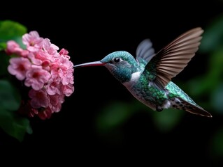Fototapeta premium Hummingbird feeding on pink flower