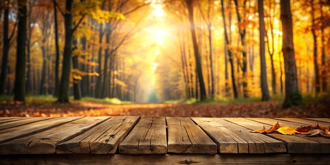 Obraz premium Rustic wooden table top with autumn leaves and a blurred forest background of vibrant yellow and orange colors, creating a picturesque scene for fall decor.