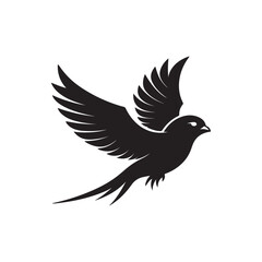 A minimalistic black silhouette of a sparrow mid-flight, its wings extended as it darts forwards