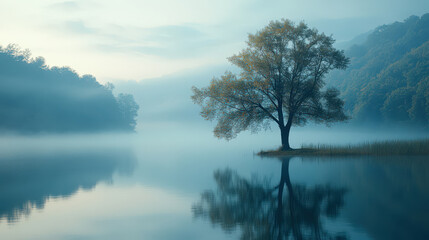 Serene Tree Reflection in Foggy Lake at Dawn