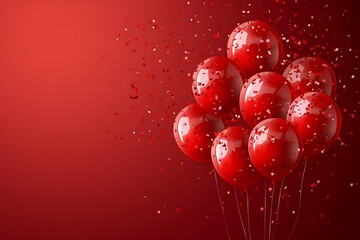 Red balloons with confetti and ribbons on white background.