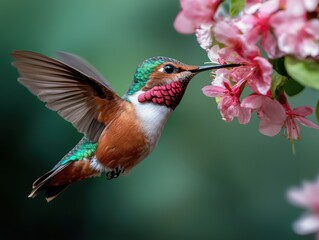 Fototapeta premium Hummingbird feeding on pink flower