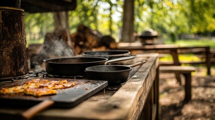 Outdoor Kitchen with Cast Iron Skillets