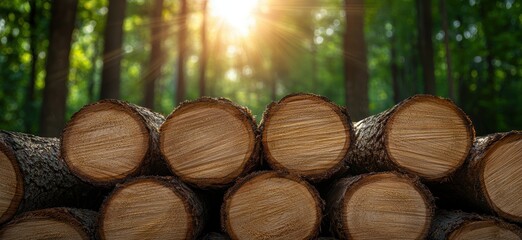 Stacked Timber Logs in Sunlit Forest
