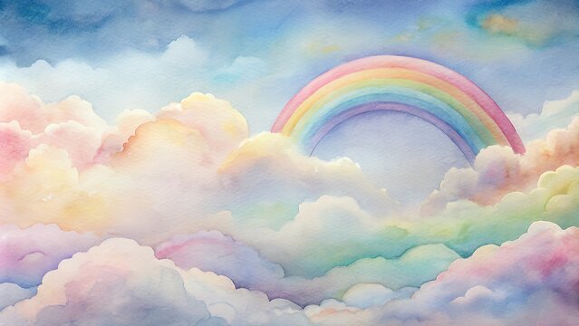 Pastel rainbow emerging from fluffy clouds in a dreamy sky