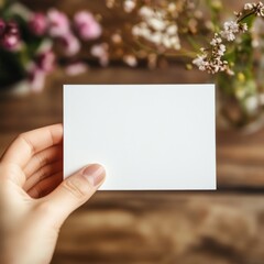 Obraz premium A blank card held in a hand surrounded by beautiful flowers, perfect for personalized notes or creative projects.