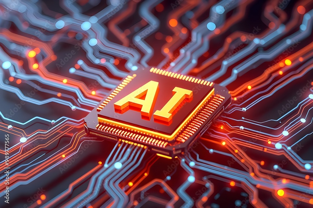 Poster a visually striking representation of ai technology embedded in a circuit board.
