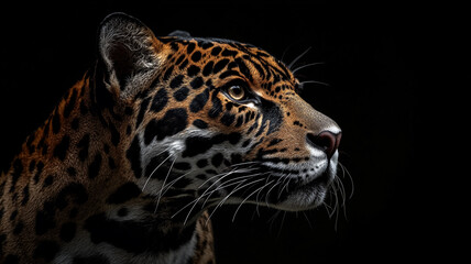 Obraz premium Close-up of a majestic jaguar with striking features in low light, showcasing its powerful presence