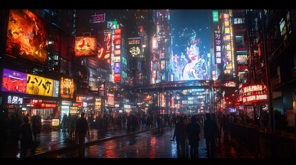 Neon towers dominate pictures of busy city streets at night