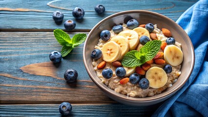 A hearty and healthy breakfast bowl filled with oatmeal, banana slices, blueberries, and almonds, resting on a rustic blue wooden table with a blue cloth napkin.