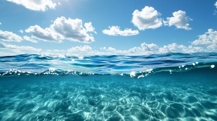 Seawater display illustrating surface waves, underwater currents, light refraction. AI generated