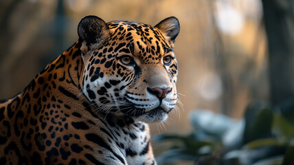 Obraz premium A majestic jaguar resting gracefully in a lush green jungle under soft sunlight