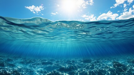 Seawater display illustrating surface waves, underwater currents, light refraction. AI generated