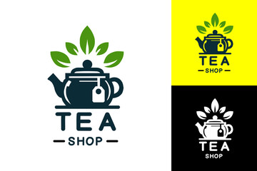 A modern and clean logo design for a tea shop, featuring a simple teapot icon with a tea bag hanging above it. Above the teapot is a stylized green leaf, symbolizing natural ingredients and freshness