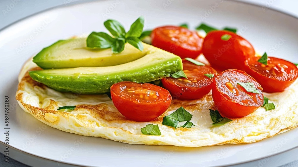 Wall mural Fresh Avocado and Tomato Omelette on a White Plate