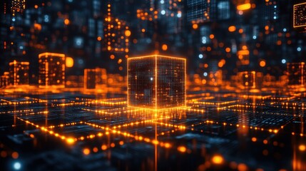 Digital Cityscape with Glowing Cube