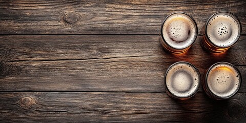 Four Full Glasses of Frothy Ale on Rustic Wood Table