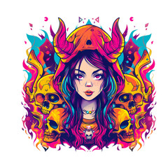 A woman with horns and a hooded sweatshirt stands in front of a background of skulls and flames.