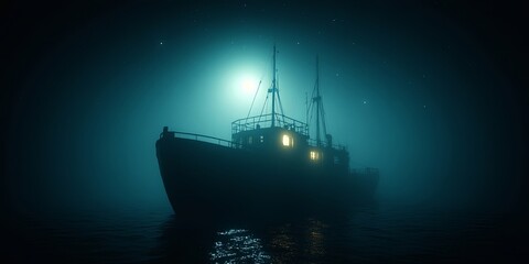 Obraz premium A solitary ship, barely visible in the thick fog, with a single warm light illuminating the night